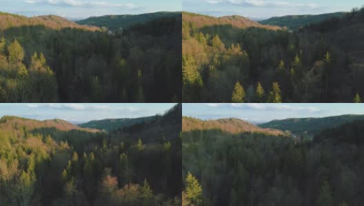 德国风景优美的巴伐利亚国家公园，一架无人机在一片田园诗般的绿色森林和树冠上飞行。下面的一条河流指明了通往远方巴伐利亚阿尔卑斯山脉的道路。4 k UHD决议。高清在线视频素材下载