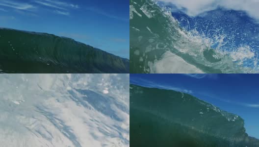 一个完美的玻璃美丽的波POV波浪打破相机在加利福尼亚夏天的阳光浅沙滩上。慢动作在红龙上以300FPS的速度拍摄。高清在线视频素材下载