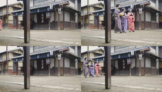江户时代日本村落中穿着传统服饰的三代家庭妇女高清在线视频素材下载