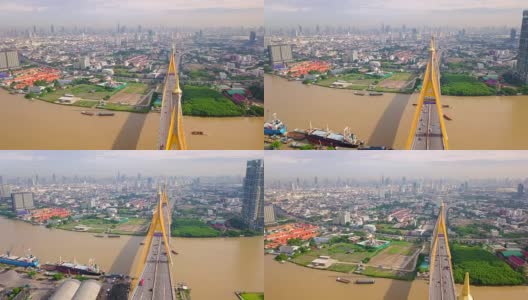 泰国普密蓬大桥交通的鸟瞰图高清在线视频素材下载