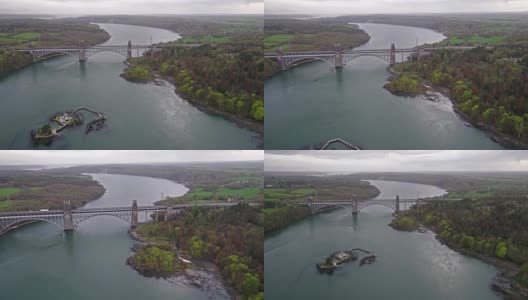 不列颠大桥承载着公路和铁路横跨斯诺登尼亚和安格尔西之间的梅奈海峡高清在线视频素材下载