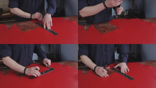 制革厂的制革工正在测量和切割红色的皮革高清在线视频素材下载