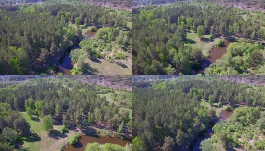 空中视频。夏季森林里有一条小山河高清在线视频素材下载