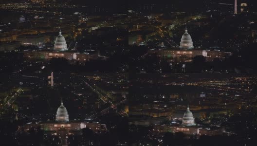 美国国会大厦夜间鸟瞰图。高清在线视频素材下载