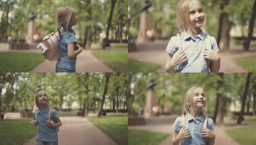 一个快乐的金发女孩穿着短裤在夏天的公园里散步。高清在线视频素材下载