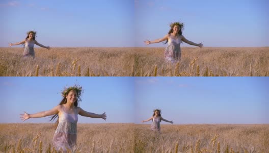 女孩在金色的麦田里奔跑，慢镜头高清在线视频素材下载