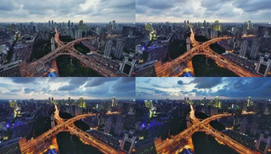 4K:日落到夜晚的多层高架桥交通，上海，中国高清在线视频素材下载