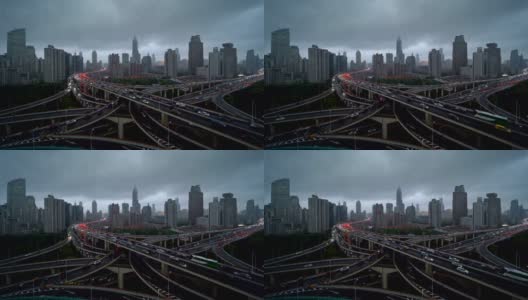 上海市区高速公路鸟瞰图，多云的天空和暴雨，中国。亚洲智慧城市的金融区和商业中心。摩天大楼和高层建筑的俯视图。高清在线视频素材下载