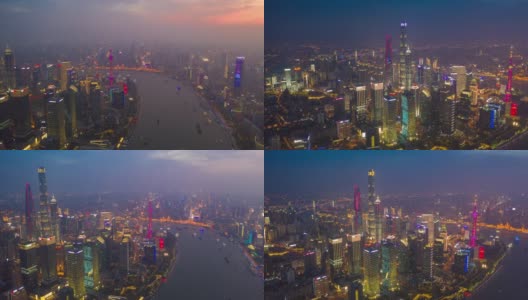 动态4k白天到晚上的时间流逝Hyperlapse航拍无人机拍摄的上海市中心，中国。陆家嘴金融区和城市商业中心。城里有摩天大楼高清在线视频素材下载