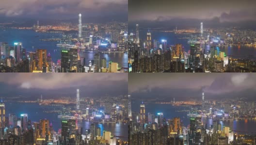 全景鸟瞰图的时间间隔香港城市景观景观天际线日落famaus旅游胜地维多利亚山顶在香港中部高清在线视频素材下载