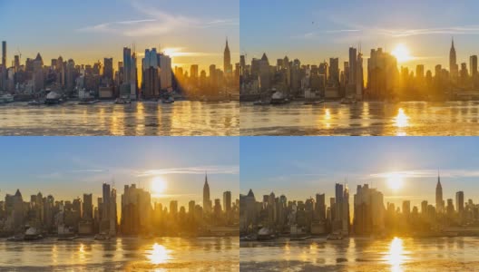 纽约日出时曼哈顿中城的天际线，太阳升起的时间间隔高清在线视频素材下载