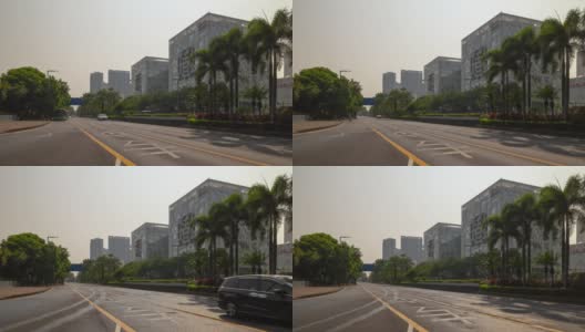 晴天佛山市现代图书馆，交通街道，时光流逝全景4k中国高清在线视频素材下载