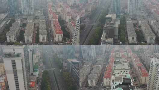 白天时间雾霾青岛市区公寓住宅小区交通航拍全景4k中国高清在线视频素材下载