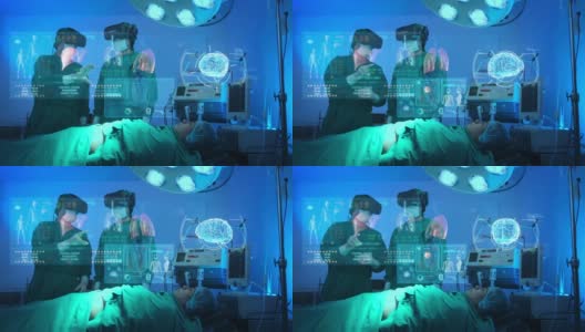 医生戴VR护目镜在手术室与患者讨论，AR增强现实手术技术医院医疗保健。未来数字技术的未来背景。高清在线视频素材下载