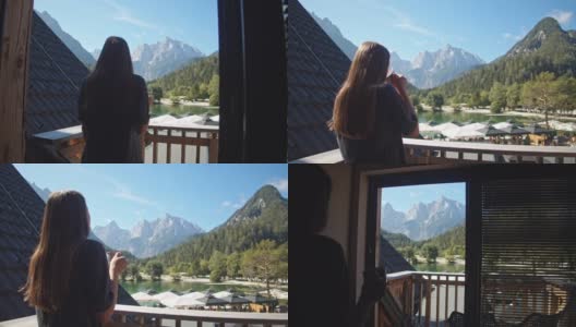慢镜头年轻女子在阳台上喝咖啡欣赏风景高清在线视频素材下载