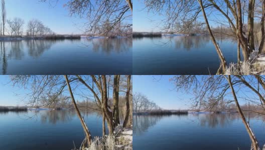 德国哈维尔河的冬季景观，雪景和蓝天。高清在线视频素材下载