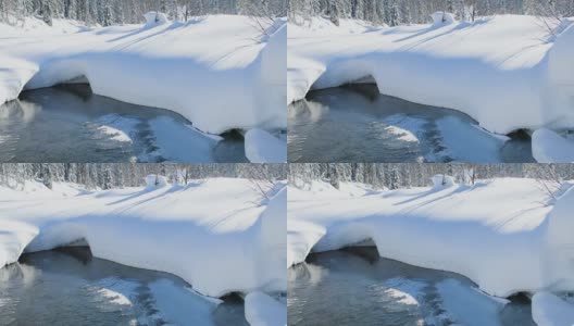 在春天冰雪融化的时候，山间的河流穿过森林里的雪堆高清在线视频素材下载