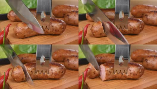 刀切传统巴西烤肉toscana香肠高清在线视频素材下载