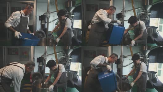 亚洲华人工人将生咖啡豆装入咖啡烘焙机，为咖啡烘焙过程做准备高清在线视频素材下载