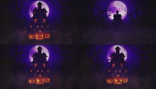 暗紫夜万圣节背景南瓜和鬼屋和蝙蝠飞行与一个神奇的大月亮在天空，万圣节背景4K动画高清在线视频素材下载