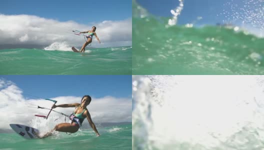 在海洋中女子风筝冲浪，极限夏季运动高清在线视频素材下载