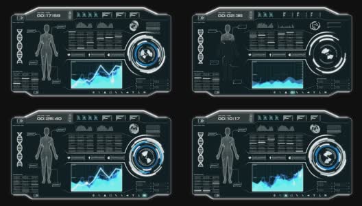 4K动画UI用户界面与身体扫描数据HUD pi条文本框表和元素在黑暗抽象背景的未来技术概念高清在线视频素材下载