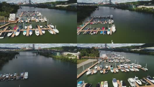 低角度空中俯瞰匹兹堡游艇码头高清在线视频素材下载