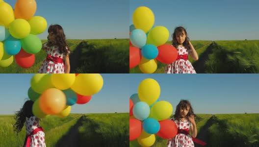 小女孩在田野里拿着气球高清在线视频素材下载