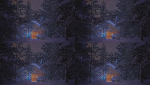 森林里的房子在晚上和下雪。UHD高清在线视频素材下载
