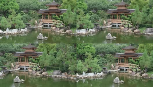 香港南莲花园的蓝塘和亭桥高清在线视频素材下载