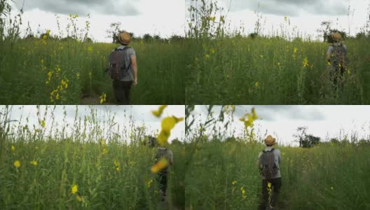 快乐快乐的男游客背包客带着帽子和包兴奋地在乡村草原上行走跳跃高清在线视频素材下载