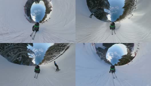 滑雪者在一座雪山上以360度视角骑行高清在线视频素材下载