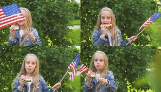 美国纪念或独立日的概念，一个女孩举着美国国旗高清在线视频素材下载