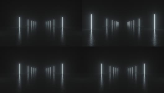 4K动画循环未来科幻线白色氖管灯在混凝土地板房间与反射空空间发光。外星人，宇宙飞船，未来，拱门。前进。三维渲染高清在线视频素材下载