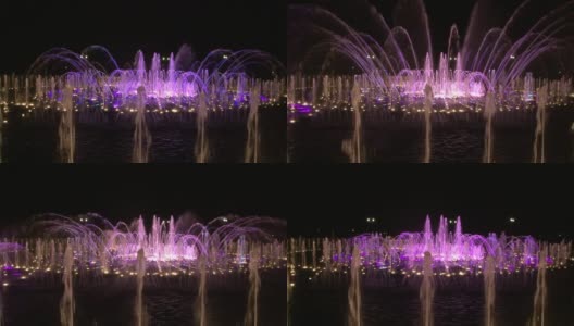 夜晚，莫斯科紫外光色的舞蹈喷泉。高清在线视频素材下载