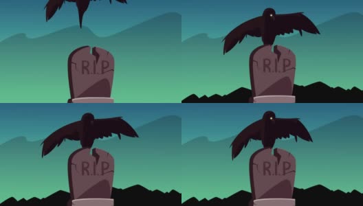万圣节动画快乐，墓碑上有乌鸦高清在线视频素材下载