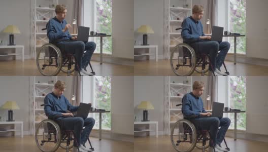 一个坐在轮椅上专注的聪明人，在网上发短信，在笔记本电脑键盘上打字，思考。集中自信的白人残疾人在家里客厅上网。高清在线视频素材下载