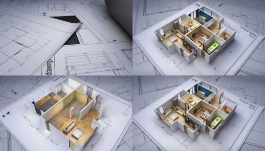建筑绘图改变了3D房屋内部。高清在线视频素材下载