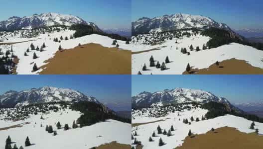 早春，部分积雪覆盖了高山草甸，散落着冷杉树和雪峰，这是罗马尼亚喀尔巴阡山脉中部Ciucas山脉的全景，这是一个阳光明媚的日子，无人机拍摄高清在线视频素材下载