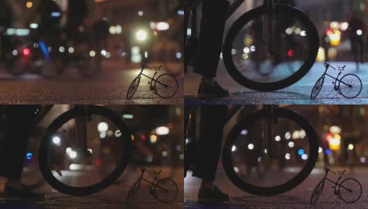 很多骑自行车的人在晚上骑自行车在模糊的自行车游行在灯光照亮城市街道的背景下，自行车timalapse的小比例模型。一群骑自行车的人。自行车交通。概念运动健康的生活方式。明亮的强光照射。低高清在线视频素材下载