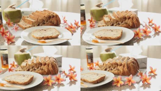自制面包配杏酱和新鲜椰子高清在线视频素材下载