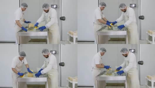 男人洗和擦奶酪形状-日记奶酪工厂高清在线视频素材下载