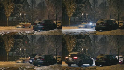 汽车在下雪时穿过郊区高清在线视频素材下载