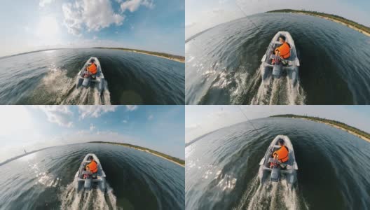 一个男人驾着摩托艇沿着河航行的圆景高清在线视频素材下载
