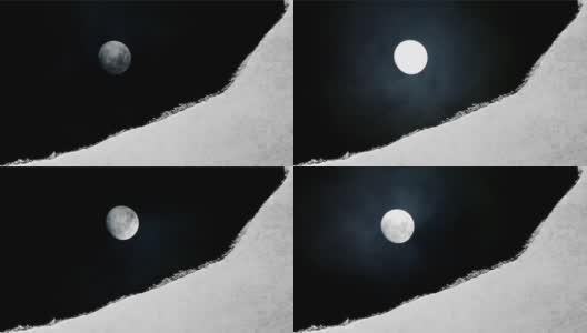 这段创造性的视频拍摄了夜空中一轮明亮的满月和漂浮的云，通过一个边缘撕裂的洞可以看到，这个洞是用复古的旧纸张做的。高清在线视频素材下载