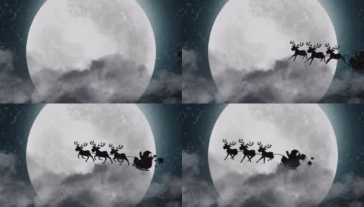 圣诞老人的剪影在驯鹿拉雪橇对月亮高清在线视频素材下载