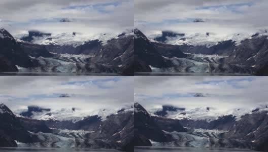 冰川湾景观，显示约翰霍普金斯冰川和费尔韦瑟山脉山脉。高清在线视频素材下载