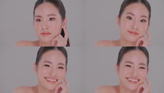 亚洲年轻女性美丽的脸，自然的皮肤。美丽的女孩的肖像与柔软的化妆和白色的皮肤。高清在线视频素材下载