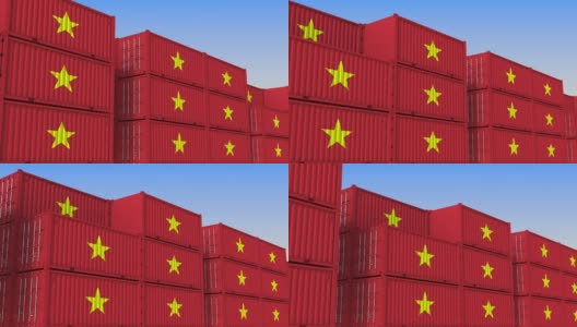 集装箱码头满是挂着越南国旗的集装箱高清在线视频素材下载