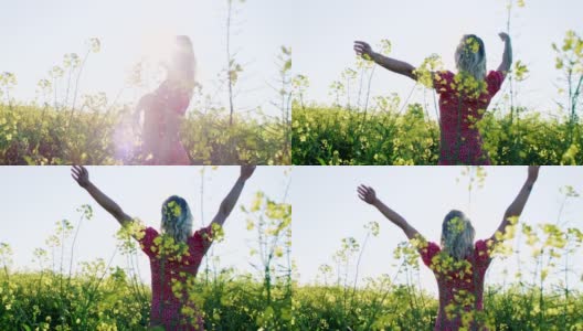 一名年轻女子在油菜花盛开的田野里放松的4k视频片段高清在线视频素材下载